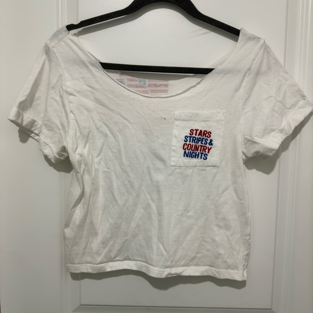 White Graphic Distressed Crop Tee with Pocket